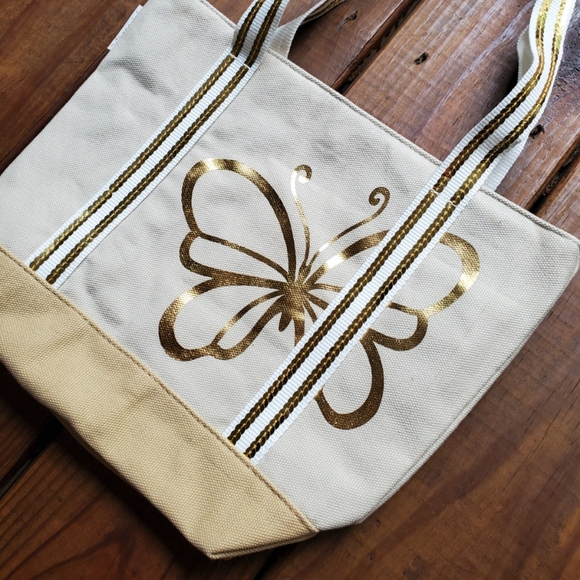 New Vintage Y2K cream gold sparkly butterfly tote bag Aeropostal - Picture 3 of 4